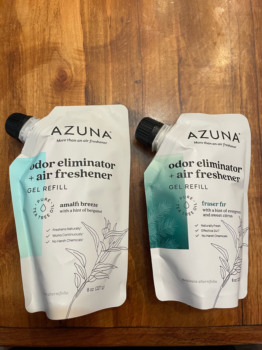 2 Azuna Tea Tree Gel Odor Eliminator Pouches NEW Unopened Fir, Amalfi